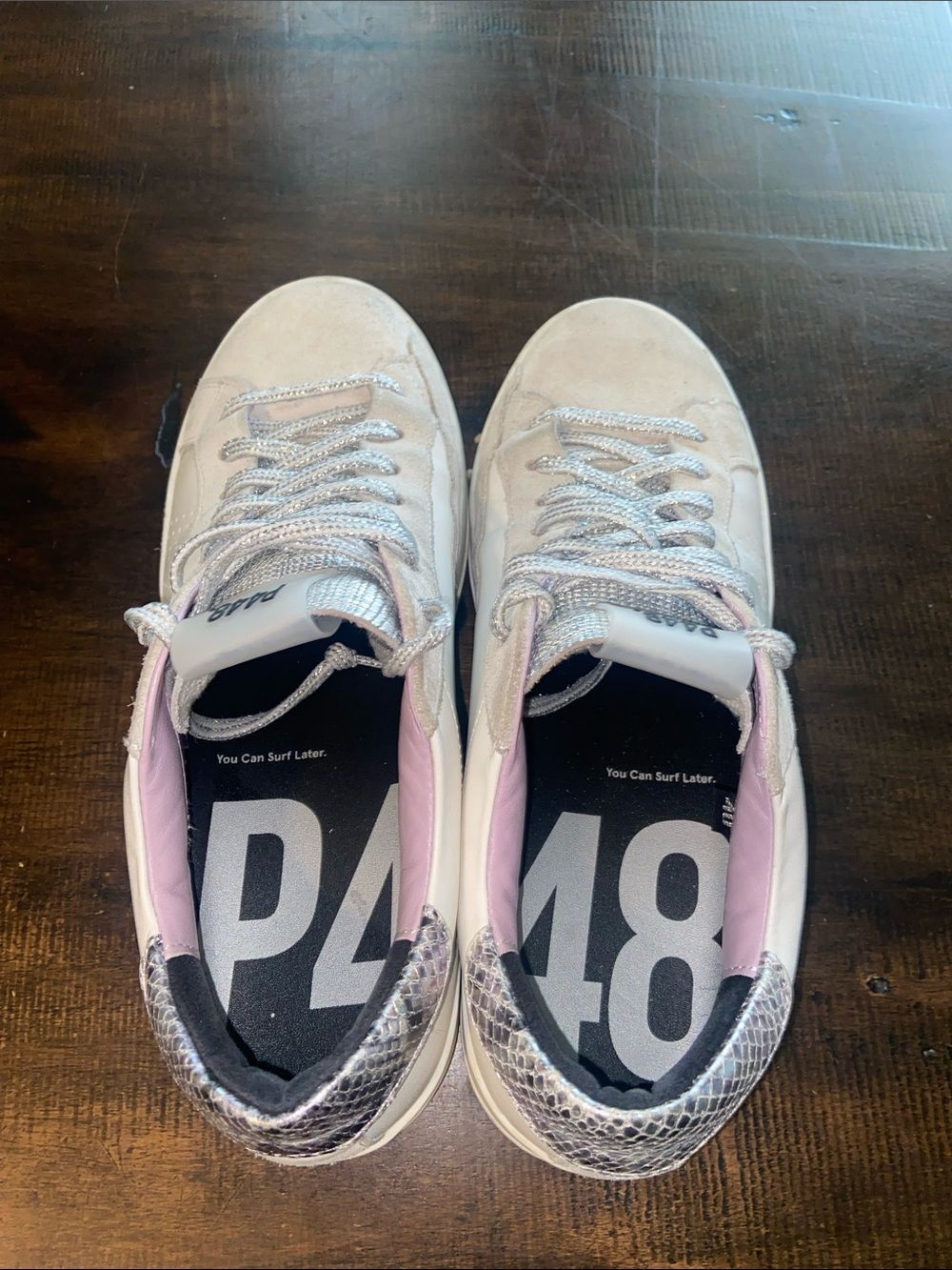 P448 F24 JOHN White / Lilac Leather Sneakers Women’s size 40 EU 9 US